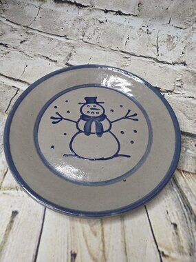 BBP Beaumont Bros Pottery Salt Glazed Plate Gray Blue  Christmas Snowman 7” 1999